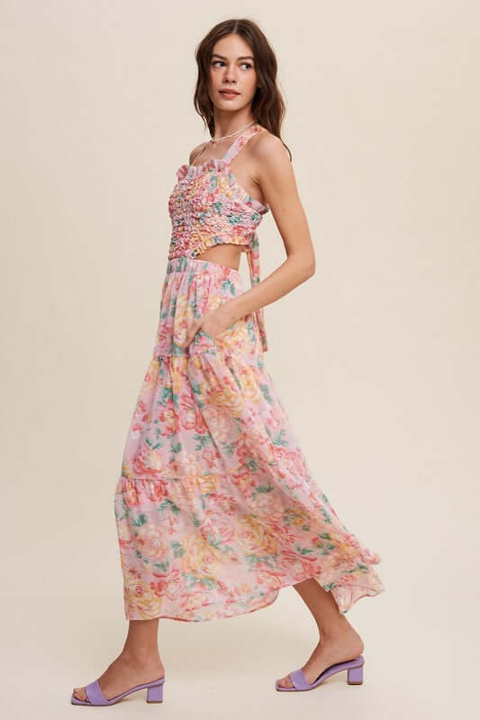 Boho Pink Floral Bubble Textured Two-Piece Style Maxi Dress