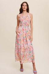 Boho Pink Floral Bubble Textured Two-Piece Style Maxi Dress
