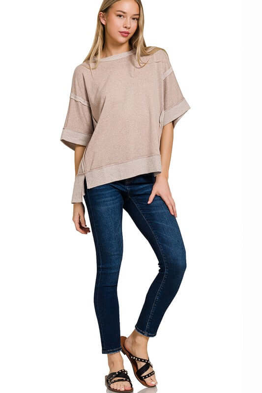 Contrast Trim Top Stitching Drop Shoulder Top, ZENANA, $ 35.95