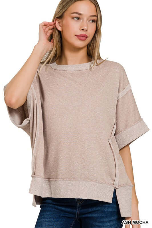 Contrast Trim Top Stitching Drop Shoulder Top, ZENANA, $ 35.95