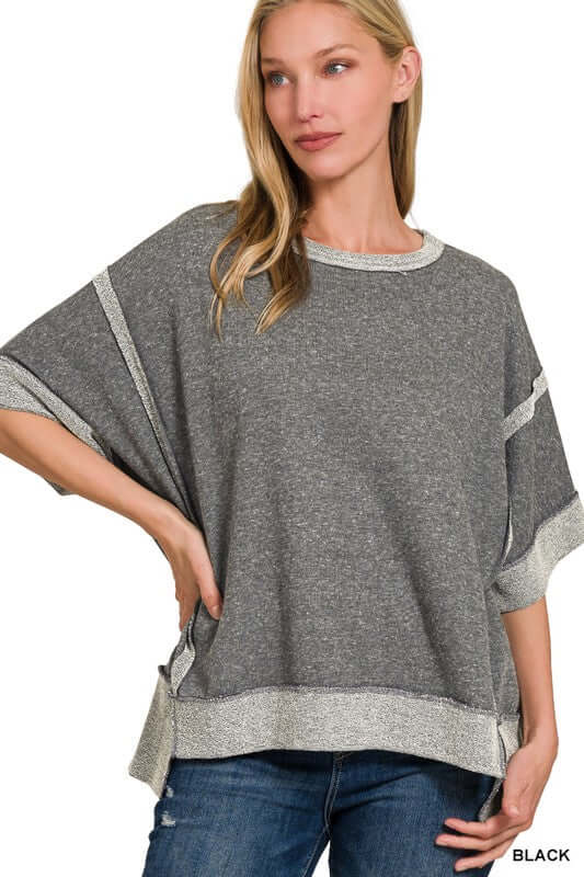 Contrast Trim Top Stitching Drop Shoulder Top, ZENANA, $ 35.95