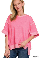 Contrast Trim Top Stitching Drop Shoulder Top, ZENANA, $ 35.95