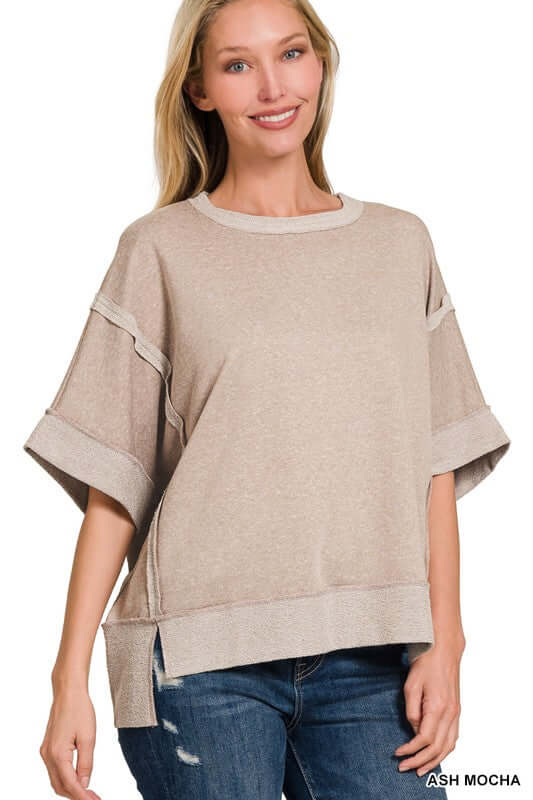 Contrast Trim Top Stitching Drop Shoulder Top, ZENANA, $ 35.95