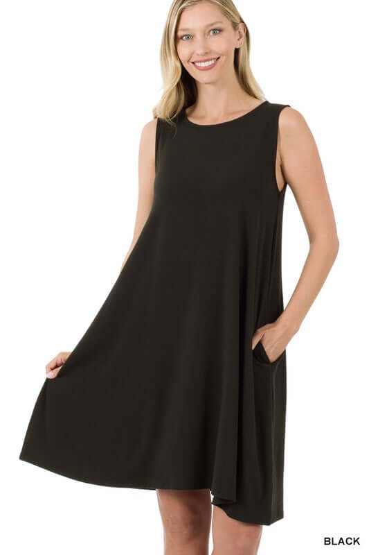 Sleeveless Flared Midi Dress with Side Pockets, ZENANA, $ 21.95