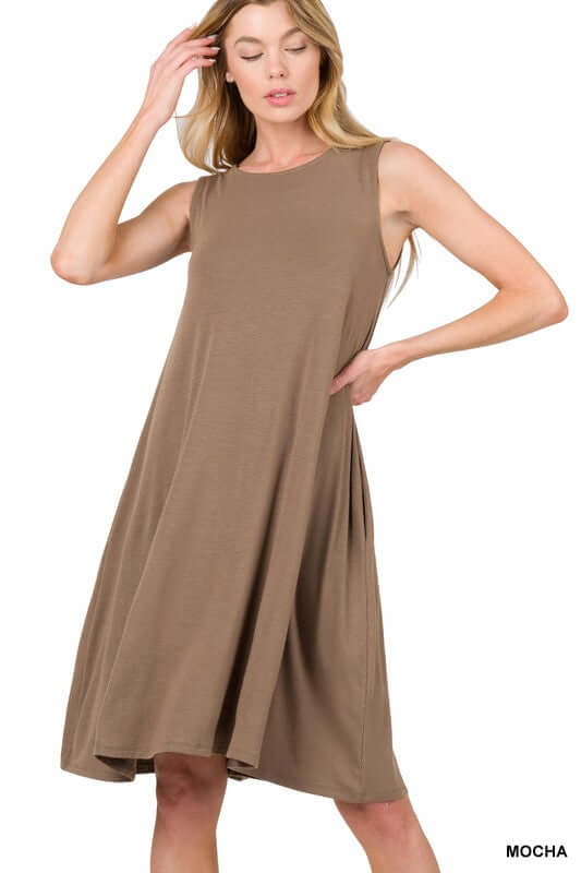 Sleeveless Flared Midi Dress with Side Pockets, ZENANA, $ 21.95