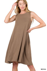 Sleeveless Flared Midi Dress with Side Pockets