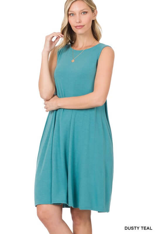 Sleeveless Flared Midi Dress with Side Pockets