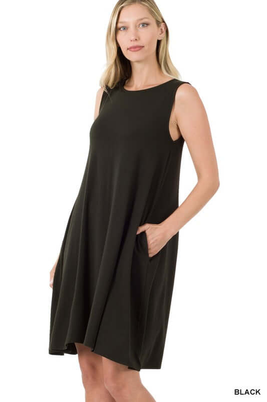 Sleeveless Flared Midi Dress with Side Pockets