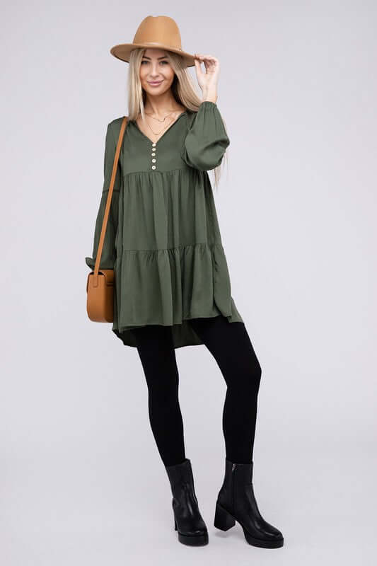 Green V Neck Babydoll Tiered Dress Tunic, Nuvi Apparel, $ 38.95