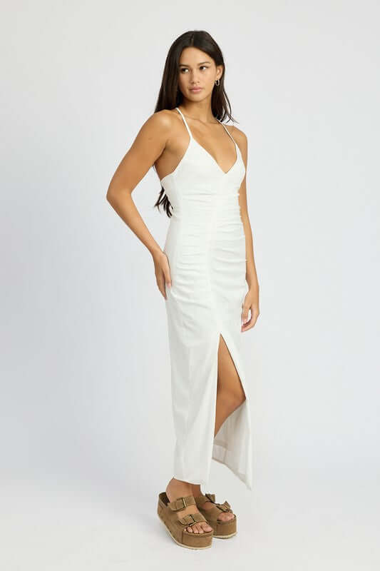 Rushed Cross Back Side Slit Satin Dress