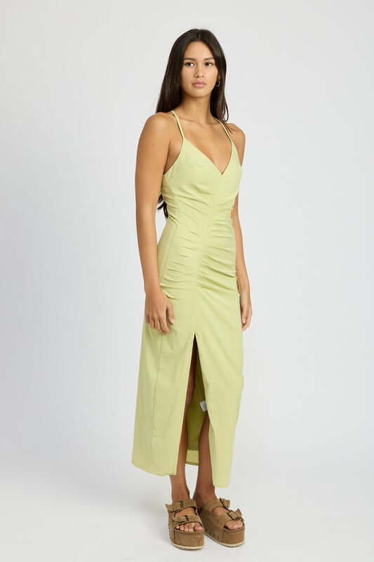 Rushed Cross Back Side Slit Satin Dress