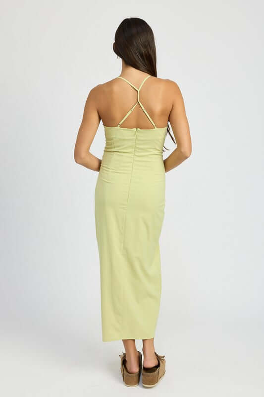 Rushed Cross Back Side Slit Satin Dress