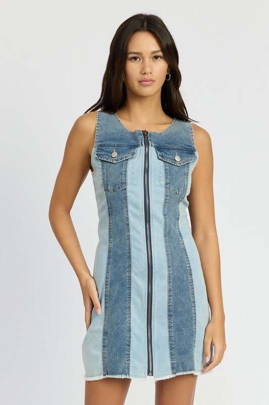 Blue Color Block Denim Mini Dress