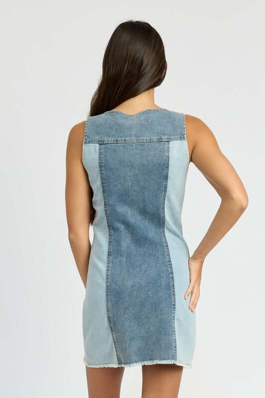 Blue Color Block Denim Mini Dress