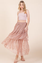 Blushing Peach Elastic Waisted Embossed Mesh Tiered Ruffle Skirt