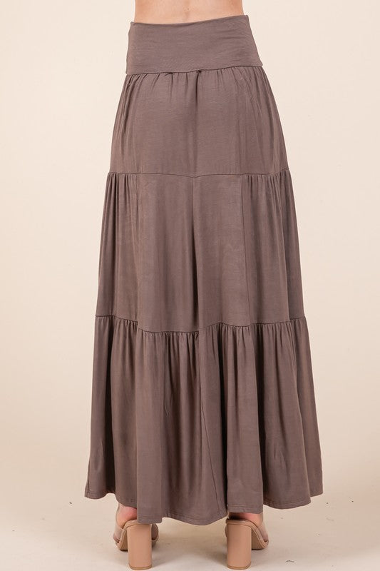 Foldover Waistband Solid Tiered Ruffle Skirt