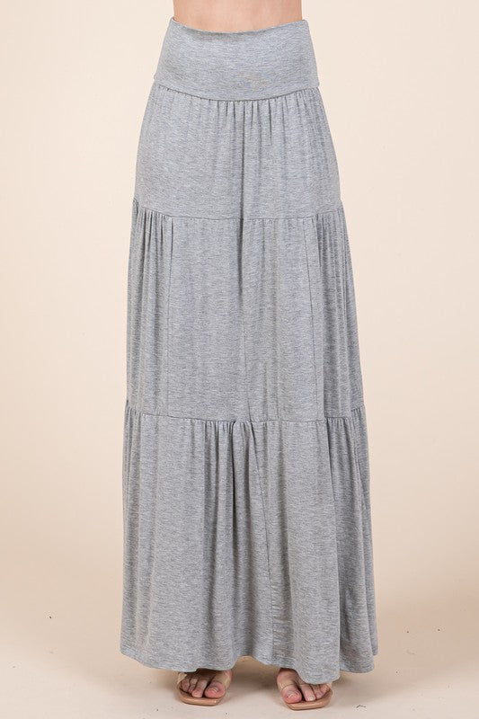 Foldover Waistband Solid Tiered Ruffle Skirt