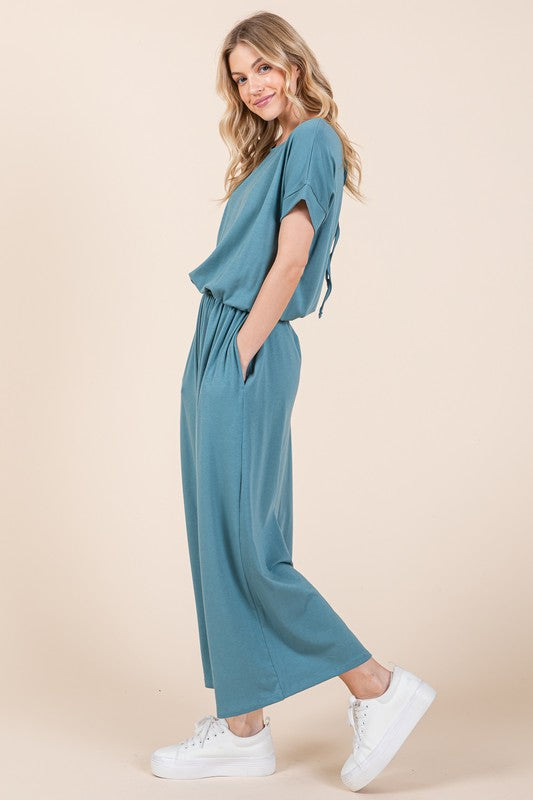 Short Sleeve Wide Leg Jumpsuit with Side Pockets