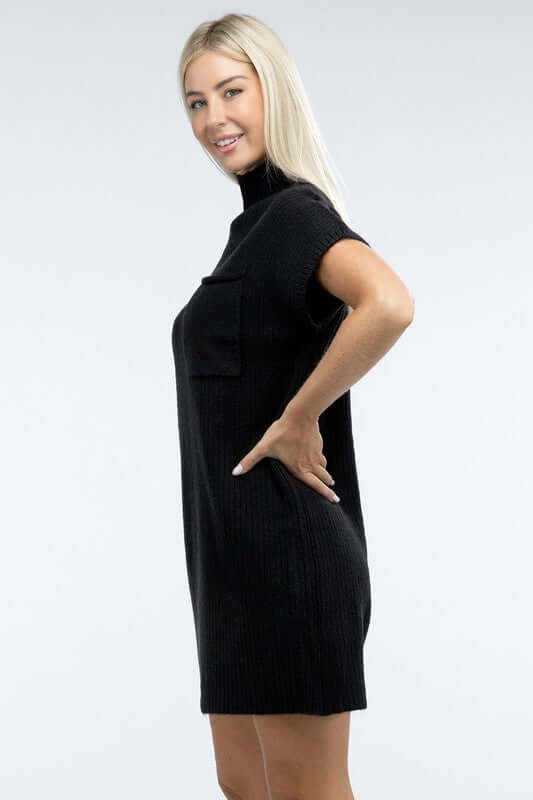 Women's Mock Neck Short Sleeve Mini Sweater Dress with Pocket, ZENANA, $ 55.00