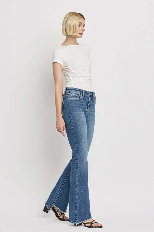 Crate Blue High Rise Slant Hem Flare Jeans