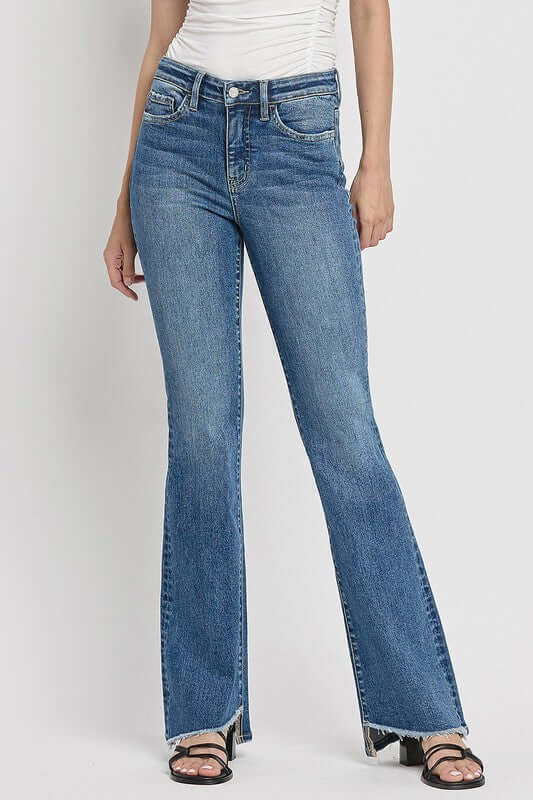 Crate Blue High Rise Slant Hem Flare Jeans