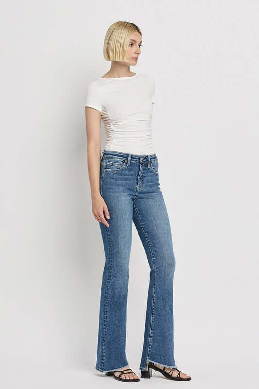 Crate Blue High Rise Slant Hem Flare Jeans