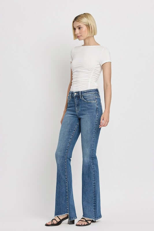 Crate Blue High Rise Slant Hem Flare Jeans