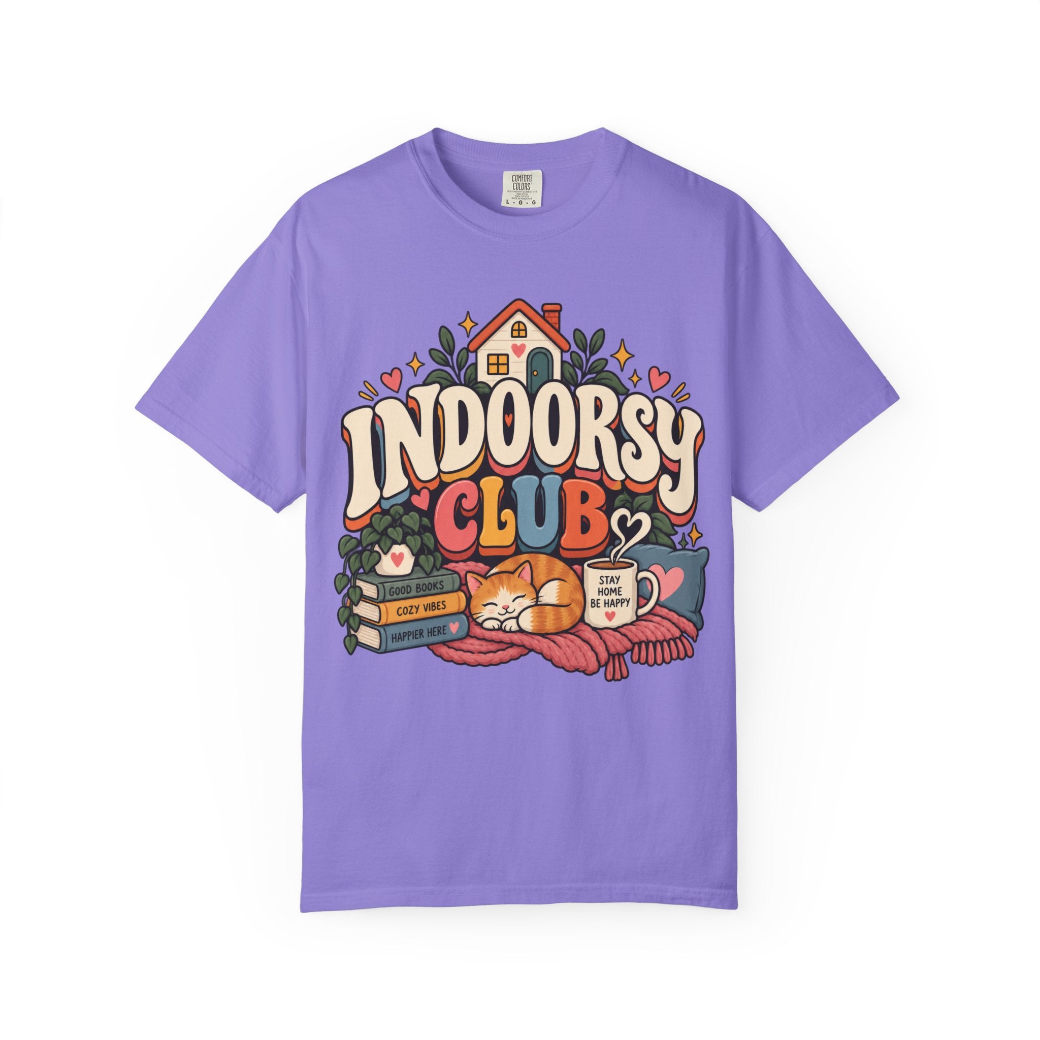 Indoorsy Club T-Shirt — Cozy Homebody Graphic Tee (Cat, Books, Tea) - t-shirt product image 12
