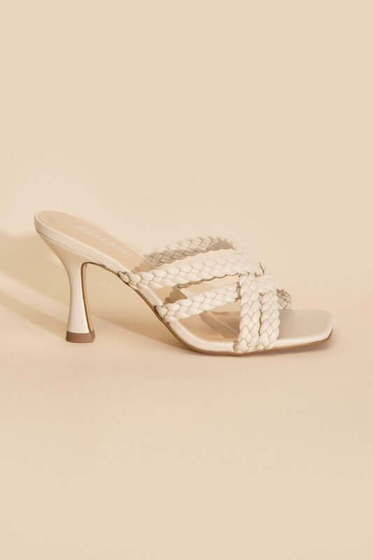 KELLAN-S Double Cross Braided Heels Sandals in Black White, Fortune Dynamic, $ 35.00