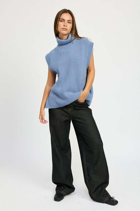 Split Back Short Sleeve Turtle Neck Sweater Top