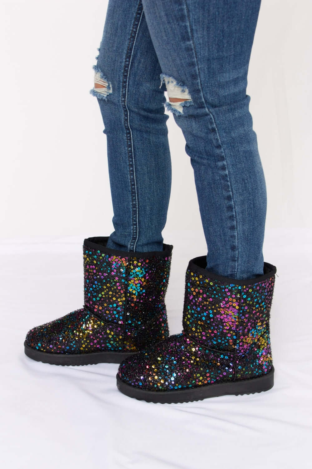 Women's Black Sequin Thermal Flat Winter Short Boots | USA Boutque, Forever Link, $ 29.00