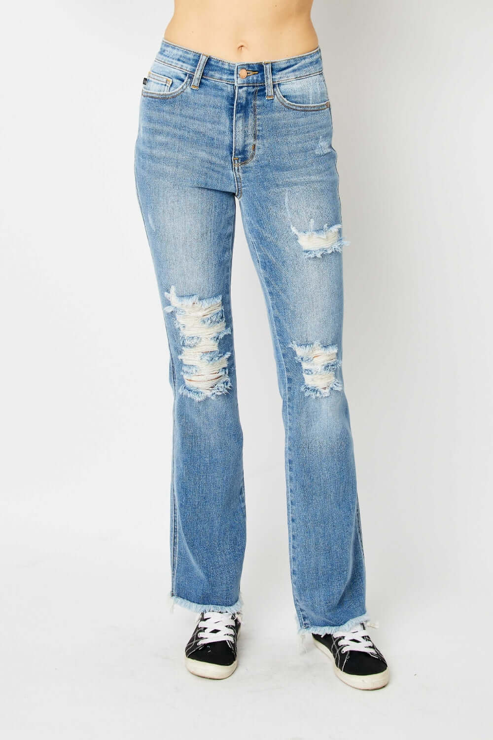 Judy Blue Medium Blue Distressed Raw Hem Bootcut Jeans, Judy Blue, $ 69.00