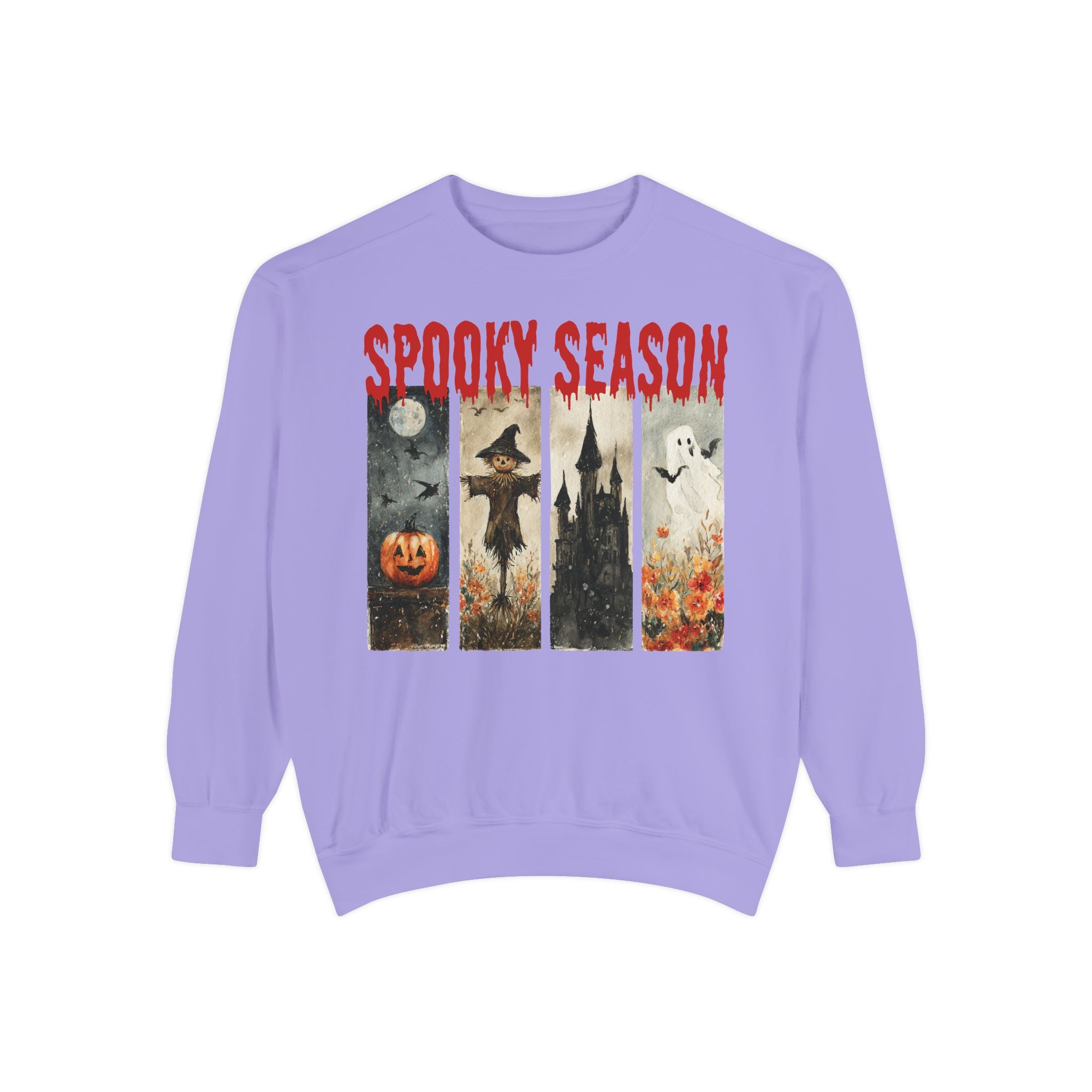 Spooky Season Halloween sweatshirt with vintage pumpkin, witch and ghost graphic — product mockup