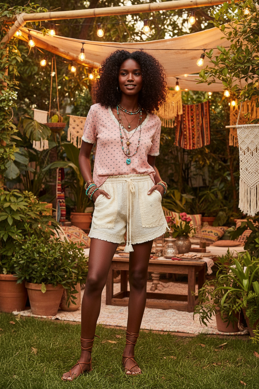 Pink Floral V-Neck Short Sleeve Rib T-Shirt