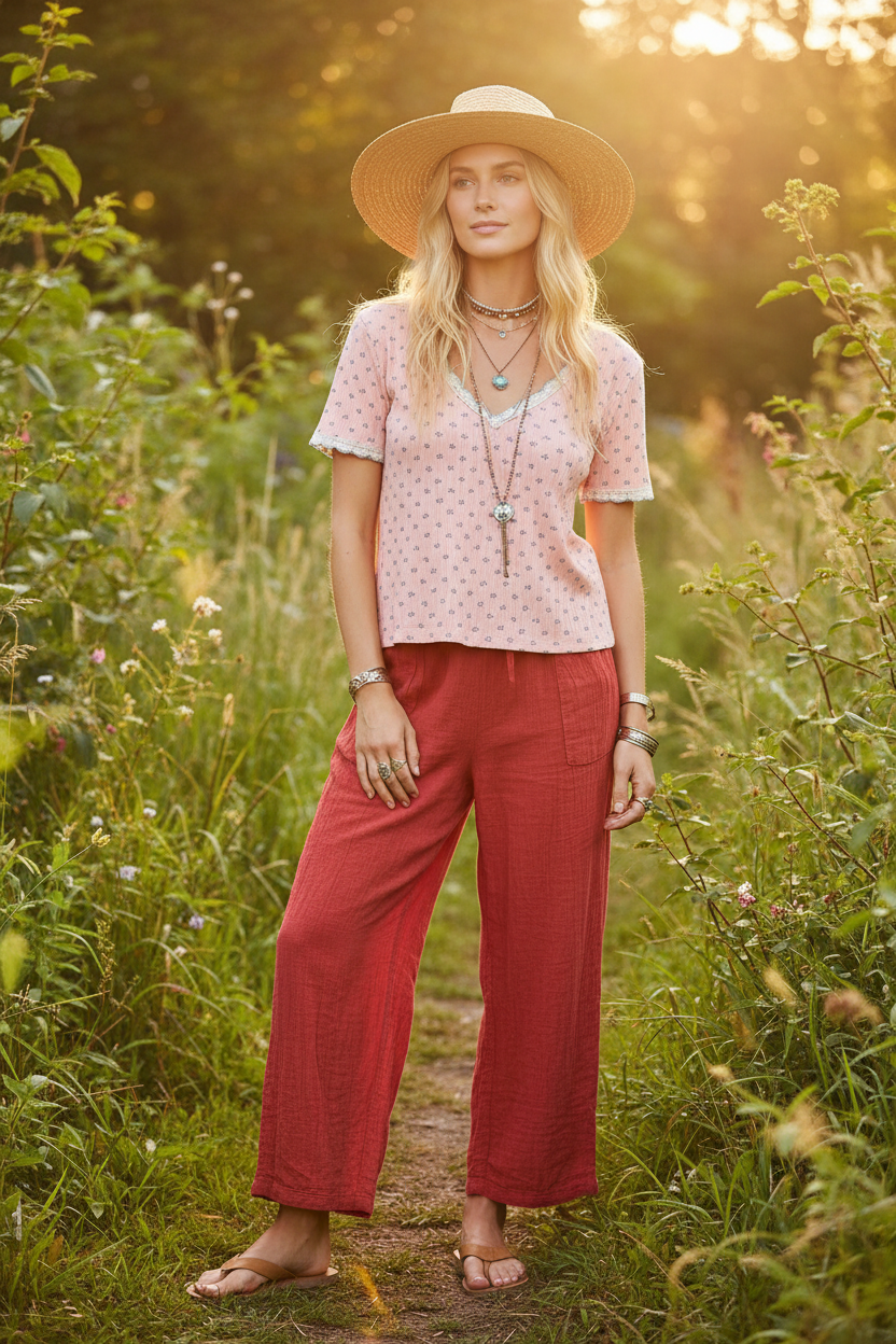 Pink Floral V-Neck Short Sleeve Rib T-Shirt