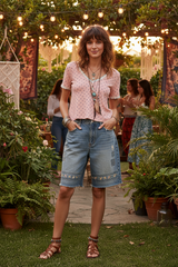 Pink Floral V-Neck Short Sleeve Rib T-Shirt