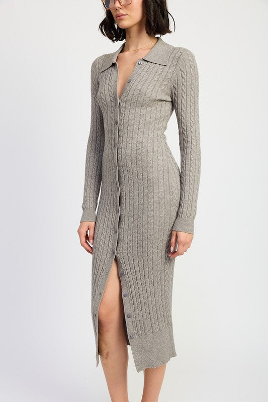 Grey Button Up Long Sleeve Cable Knit Midi Sweater Dress