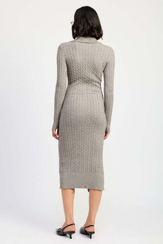 Grey Button Up Long Sleeve Cable Knit Midi Sweater Dress