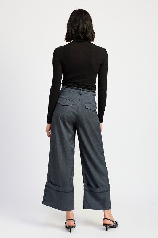 Grey Blue Fold Over Pleated Flare Pants