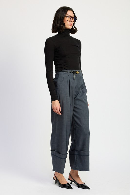 Grey Blue Fold Over Pleated Flare Pants