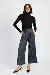 Grey Blue Fold Over Pleated Flare Pants