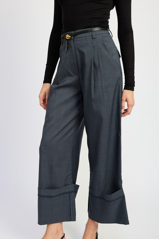 Grey Blue Fold Over Pleated Flare Pants