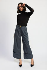 Grey Blue Fold Over Pleated Flare Pants