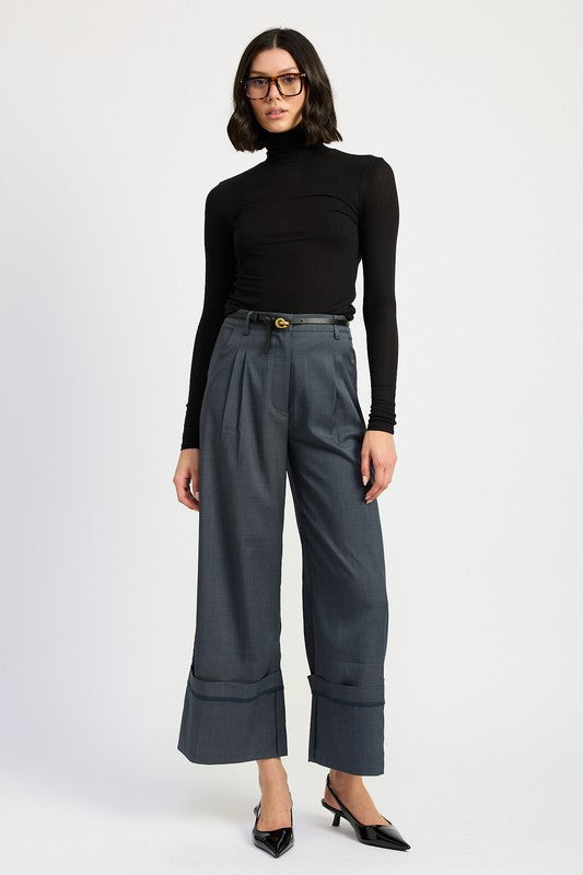 Grey Blue Fold Over Pleated Flare Pants