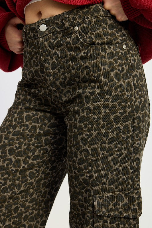 Grey Leopard Mid Rise Wide Leg Cargo Pants