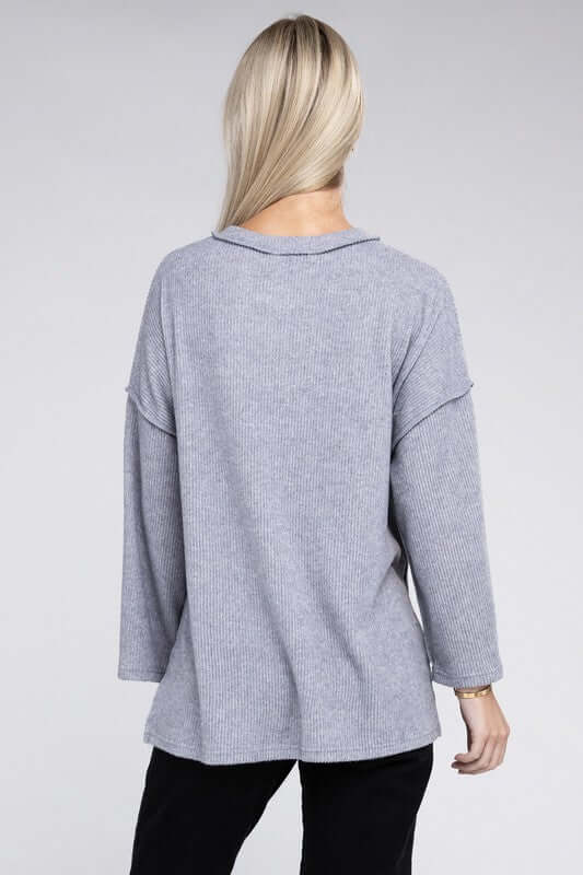 Ribbed Brushed Melange Hacci Henley Sweater, ZENANA, $ 29.00