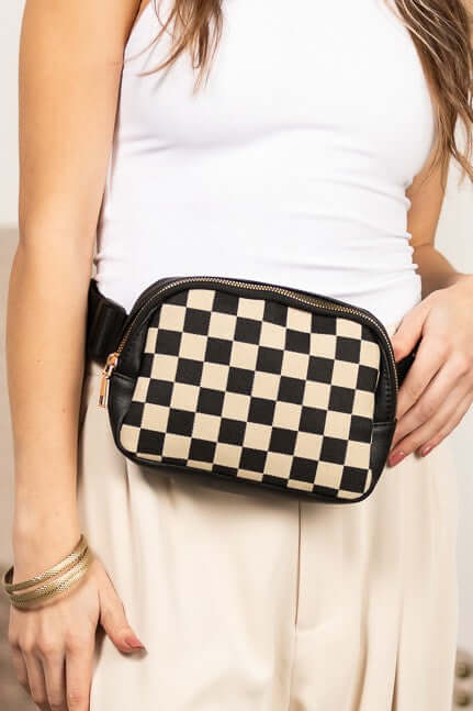 Alva Mixed Media Check Sling Belt Bum Bag - Stylish & Versatile, Crossbody Bags, $ 30.00, A Moment Of Now™
