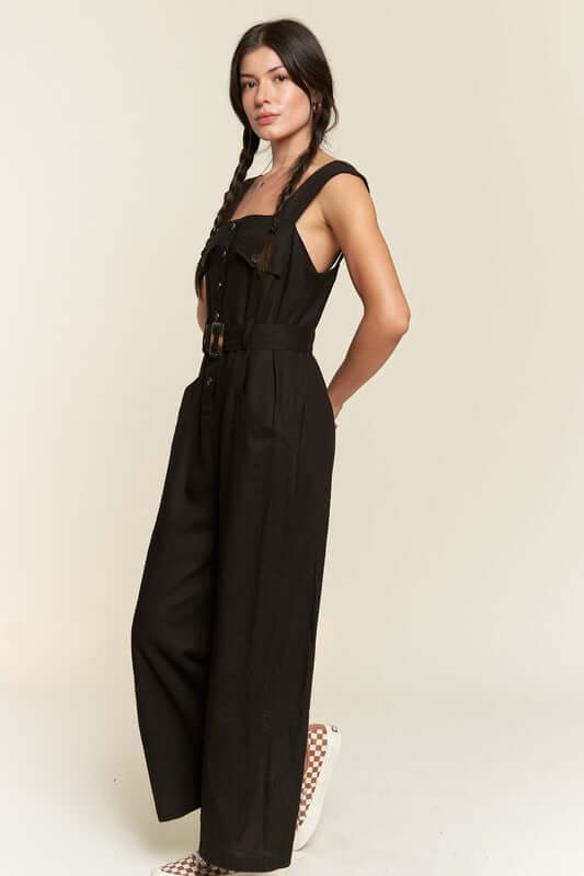 SLEEVELESS SQUARE NECK BUTTON DOWN ANKLE JUMPSUIT, Jade By Jane, $ 86.95