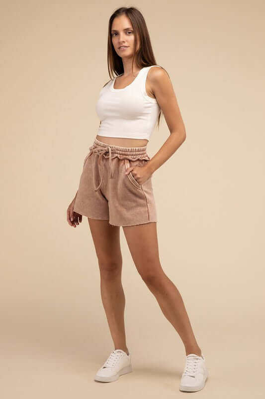 Acid Wash Fleece Drawstring Shorts with Pockets, ZENANA, A Moment Of Now