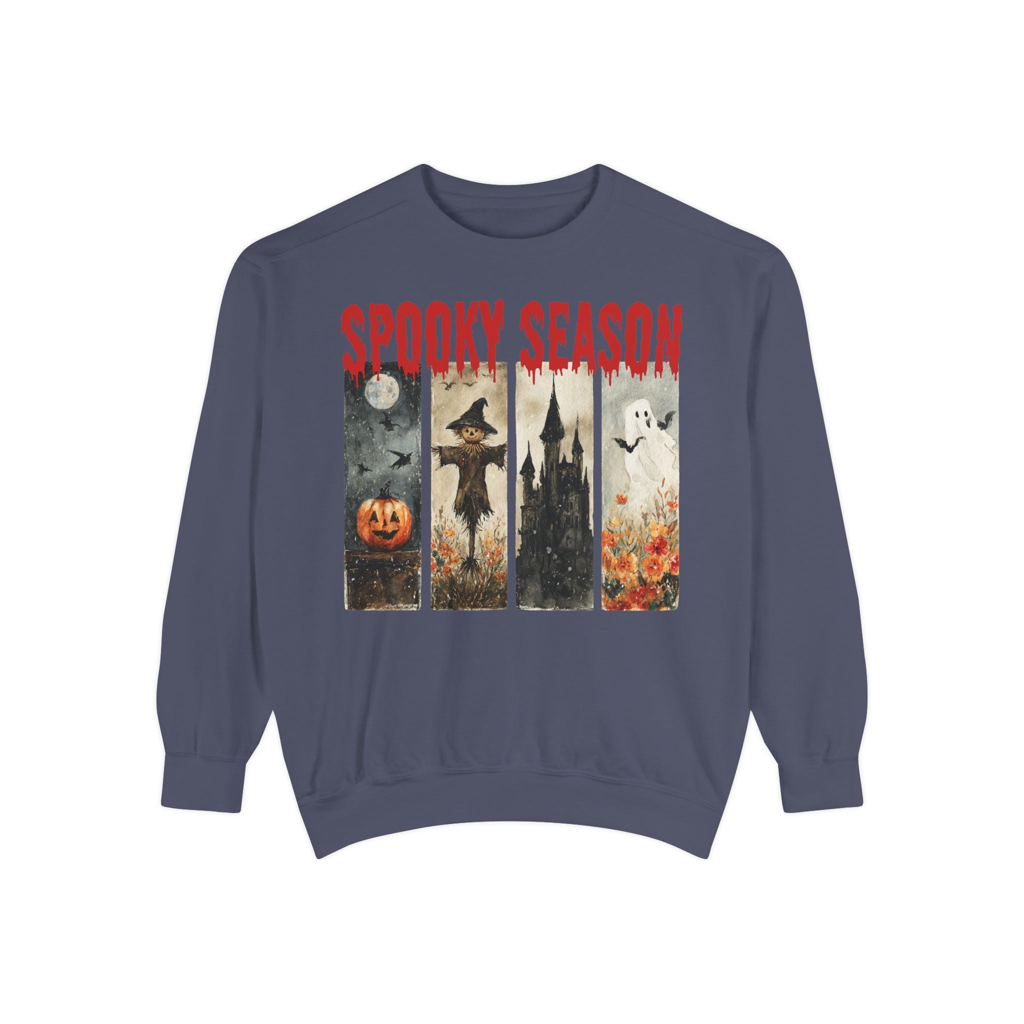 Spooky Season Halloween sweatshirt with vintage pumpkin, witch and ghost graphic — product mockup